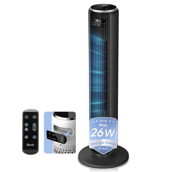 Levoit 20dB Silent Tower Fan, 5.5W-26W Energy Saving Fan for Bedroom & Home, Powerful Cooling with DC Motor, 4 Modes 12 Speeds