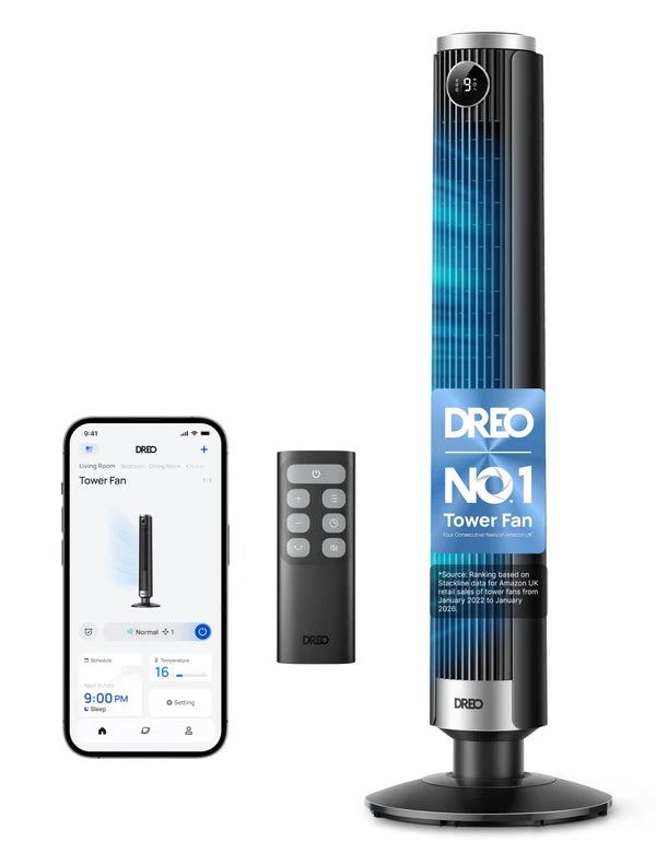 DREO Smart 40"-45" Tower Fan for Bedroom, Adjustable Height, 28 ft/s Velocity, DC Motor, 9 Speeds, 4 Modes, 90°Oscillating, Standing Fan